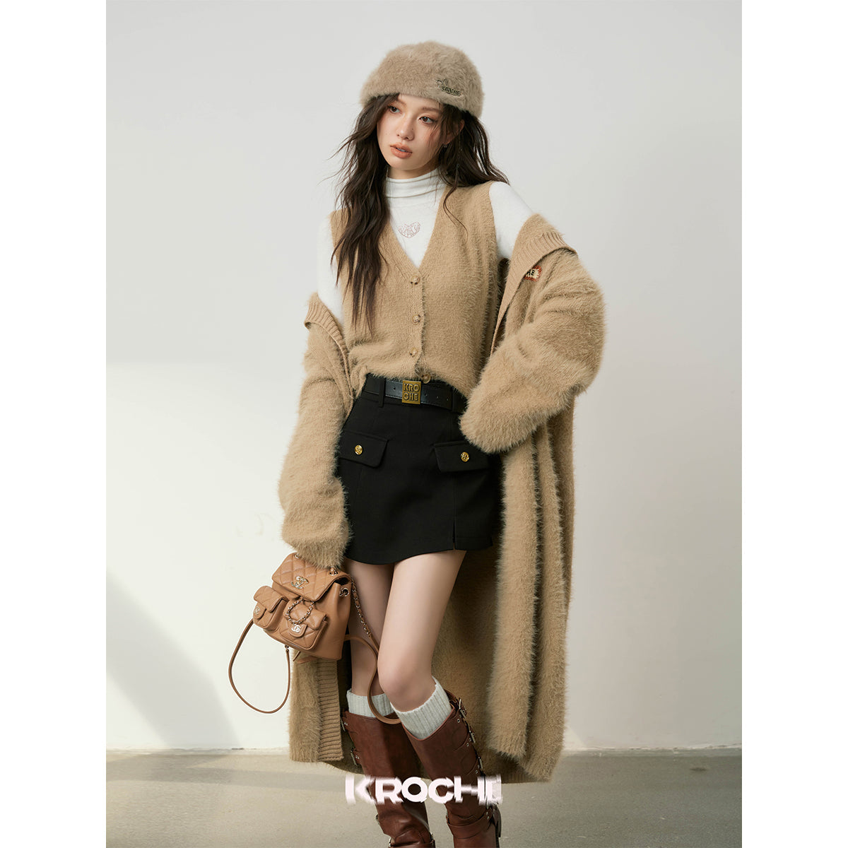 Kroche Faux Mink Oversized Lapel Coat Brown