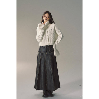 Via Pitti Brush-Off Leather Pleated Long Skirt Black