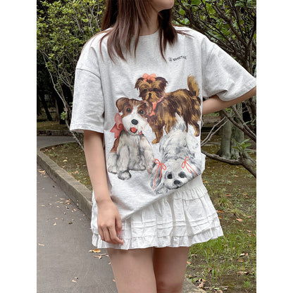 Shiitake Puppy Family Printed T-Shirt Gray