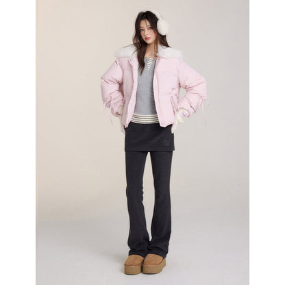 Via Pitti Bow Drawstring Fur Collar Down Jacket Light Pink