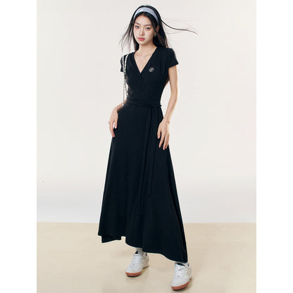 Liilou V-Neck Lace-Up A-Line Long Dress