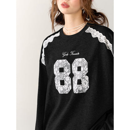 AsGony Retro Lace Patchwork L/S T-Shirt Black