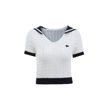 Via Pitti Embroidery Logo Sailor Collar Knit Crop Top White