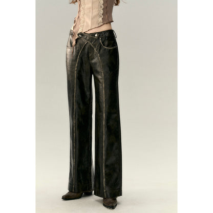 Via Pitti Cross Waist Distressed Leather Pants Black