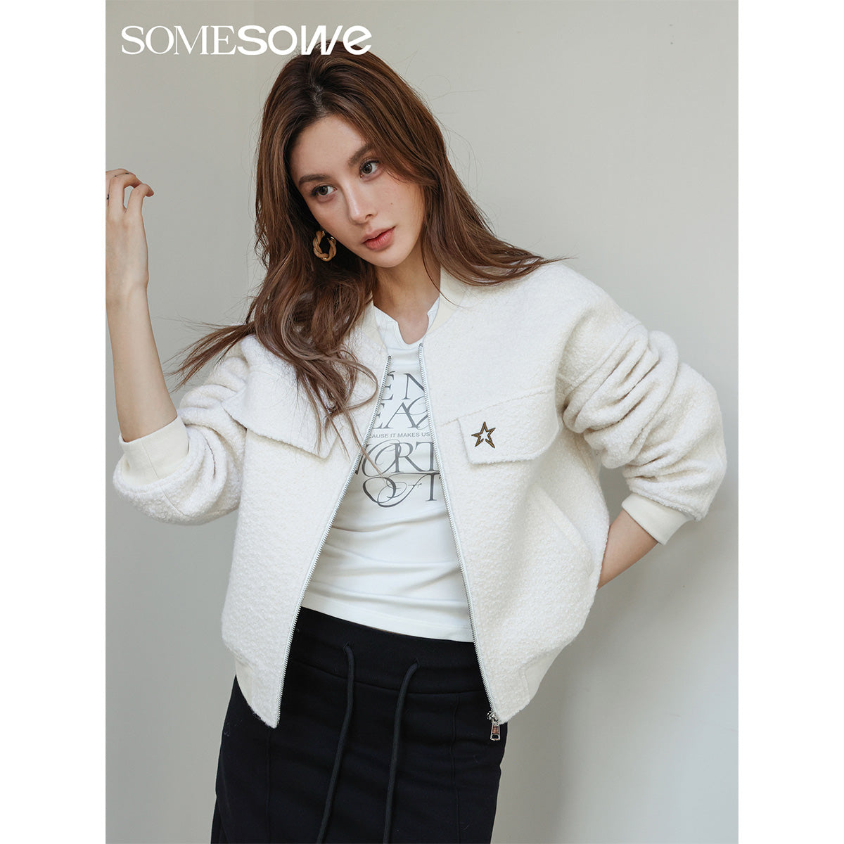 SomeSowe Star Embroidery Loop Woolen Jacket White