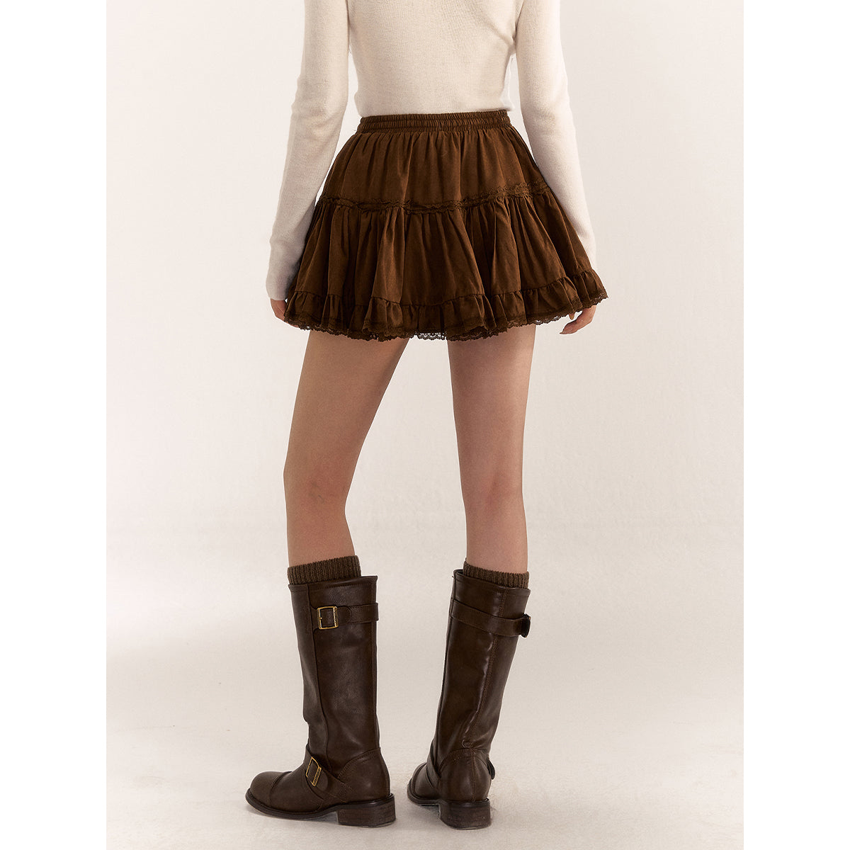 AsGony Retro Lace Edge Elastic-Waist Puffy Skirt Brown