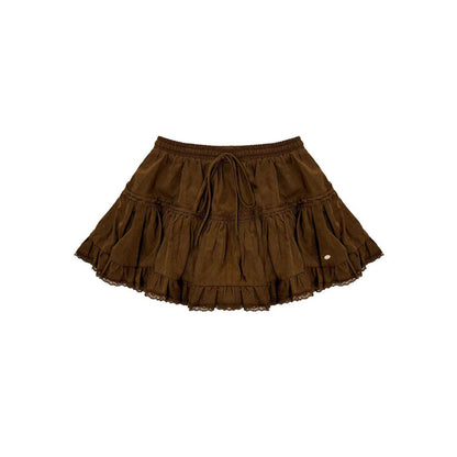 AsGony Retro Lace Edge Elastic-Waist Puffy Skirt Brown