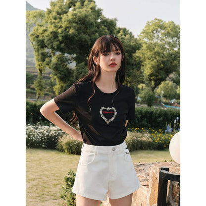 Three Quarters Logo Embroidery Rhinestone Heart Tee Black