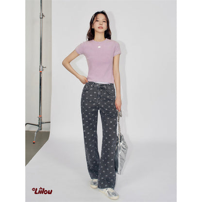 Liilou Athflowe Full Printed Logo Wide-Leg Jeans Dark Grey