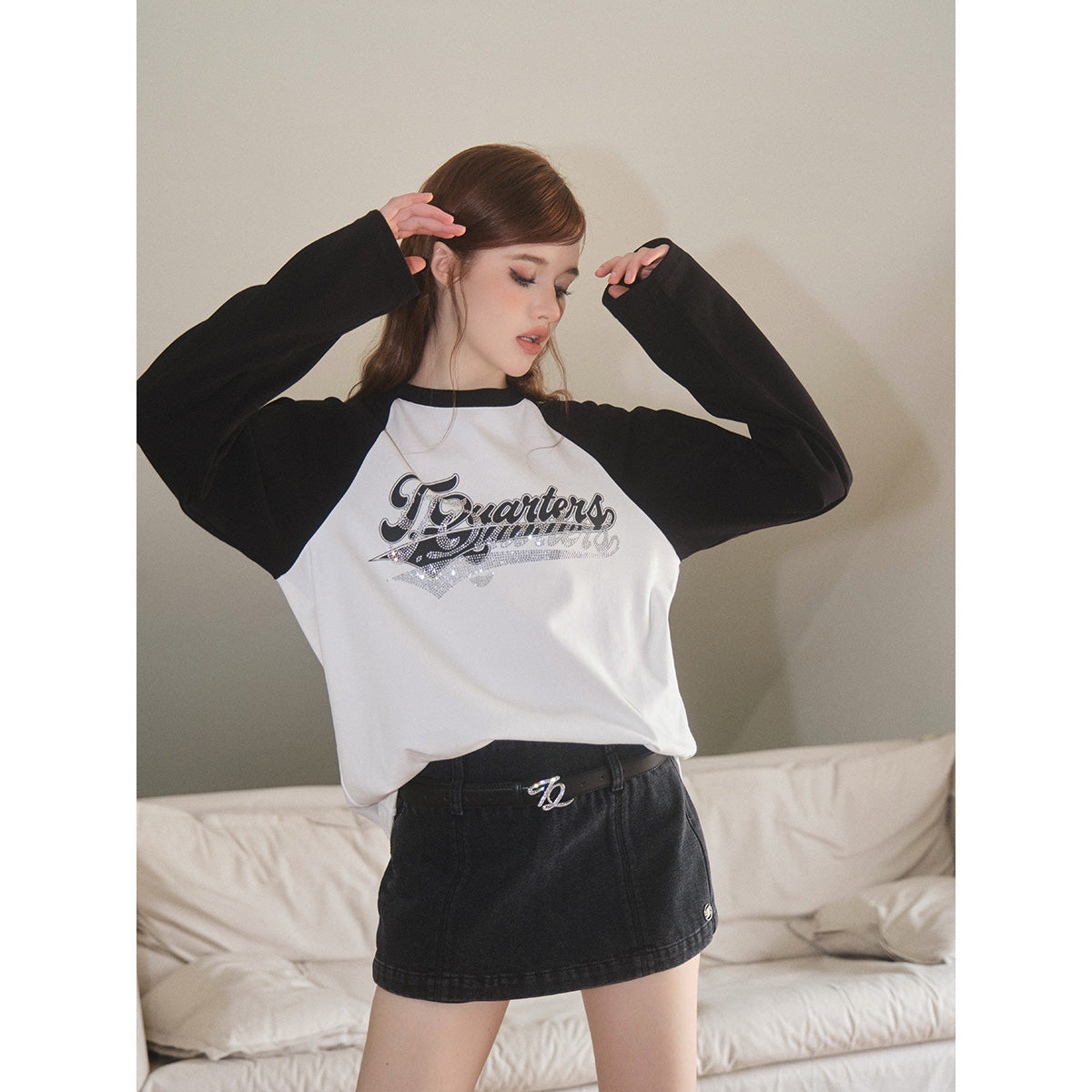 Three Quarters Hotfix Logo Raglan Sleeve Tee Black