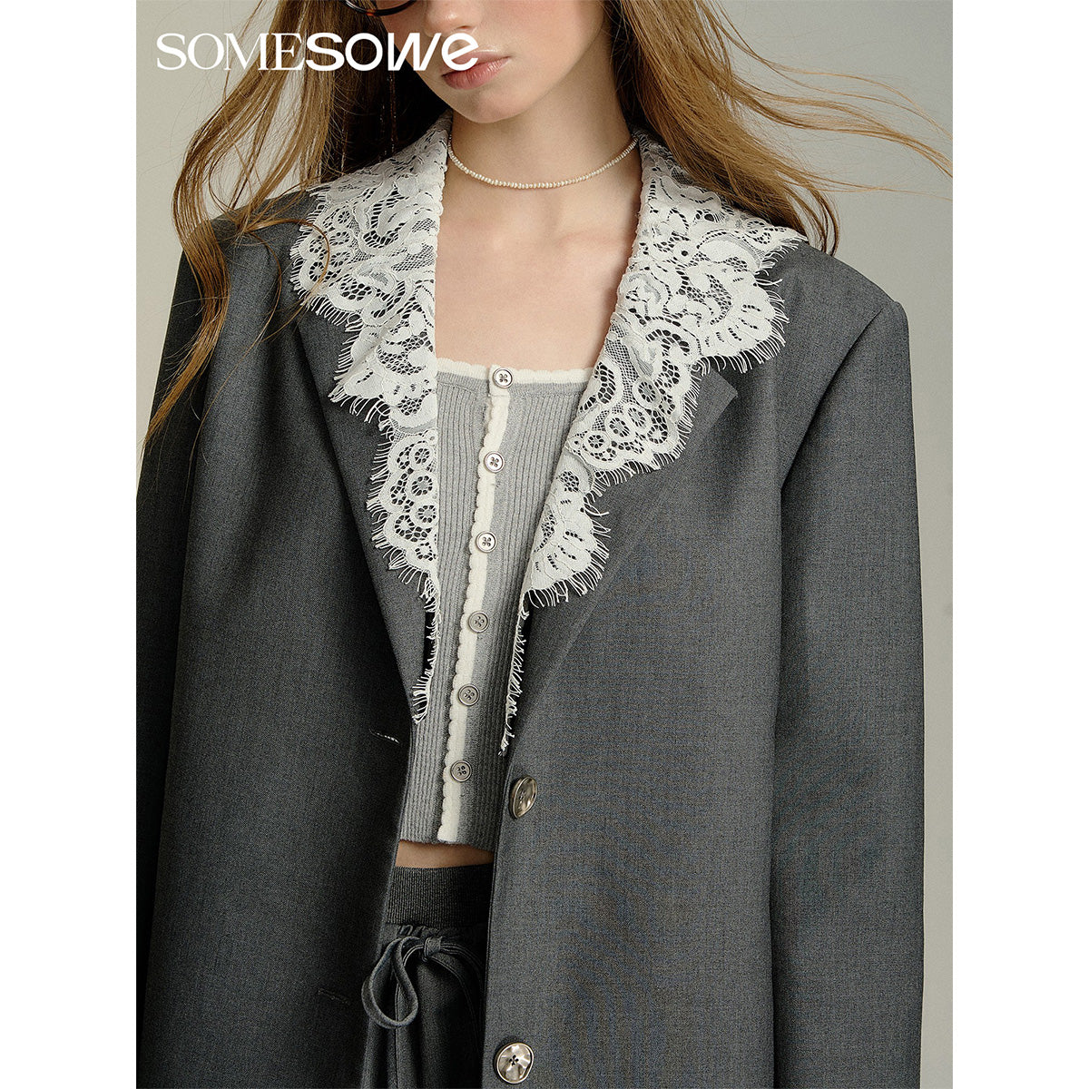 SomeSowe Detachable Lace Collar Blazer Grey