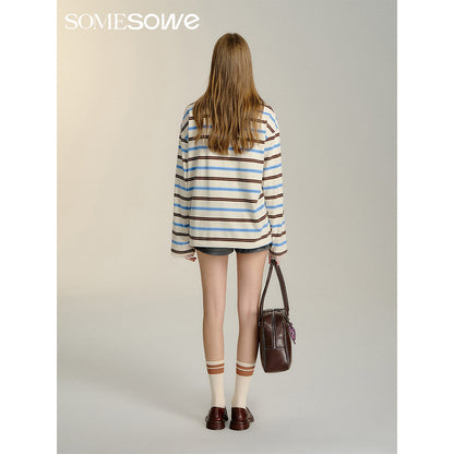 SomeSowe Lace Patchwork Striped Polo Long Sleeve T-Shirt