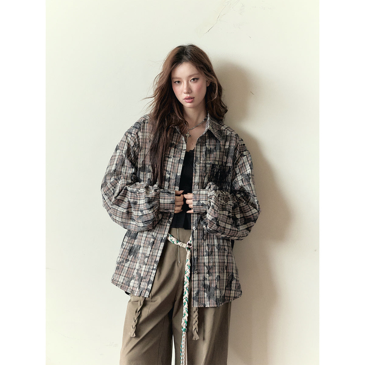 Via Pitti Heavy Plaid Patchwork Loose Shirt Khaki