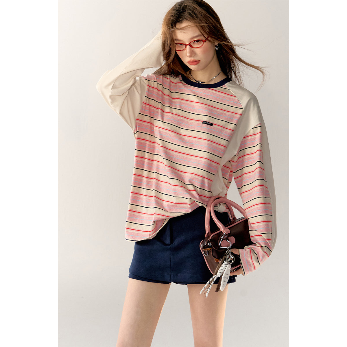 AsGony Contrast Color Striped Casual L/S T-Shirt Pink