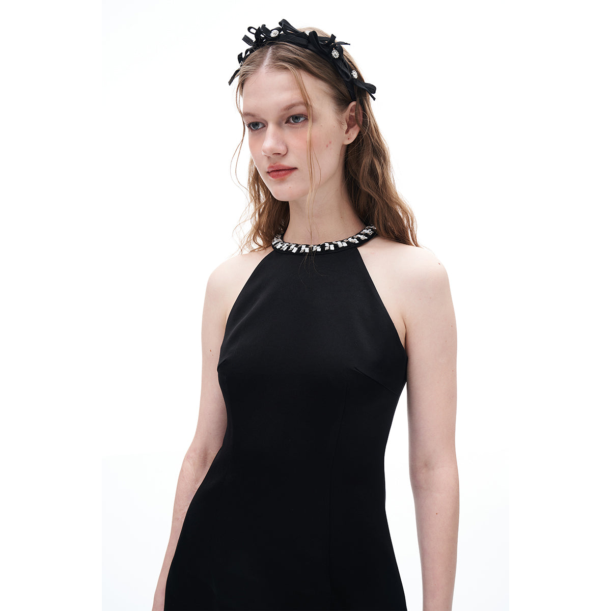 Diana Vevina Sleeveless Rhinestone Halter Dress Black