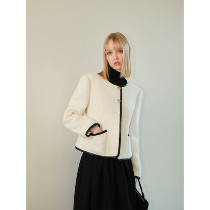 Three Quarters Color Blocked Woolen Structural Jacket White