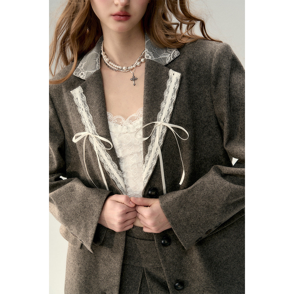 Via Pitti Lace Bow-Knot Patchwork Blazer