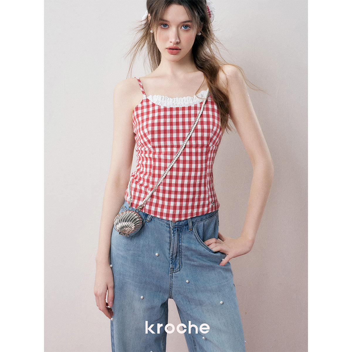 Kroche Plaid Lace Edge Patchwork Vest Red