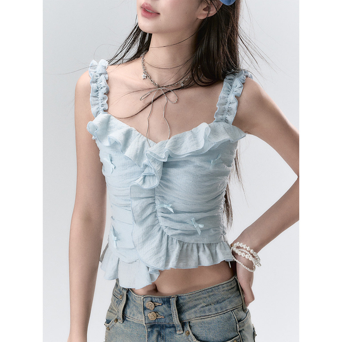 Via Pitti Ruffle Trim Bow Knots Halter Camisole Blue