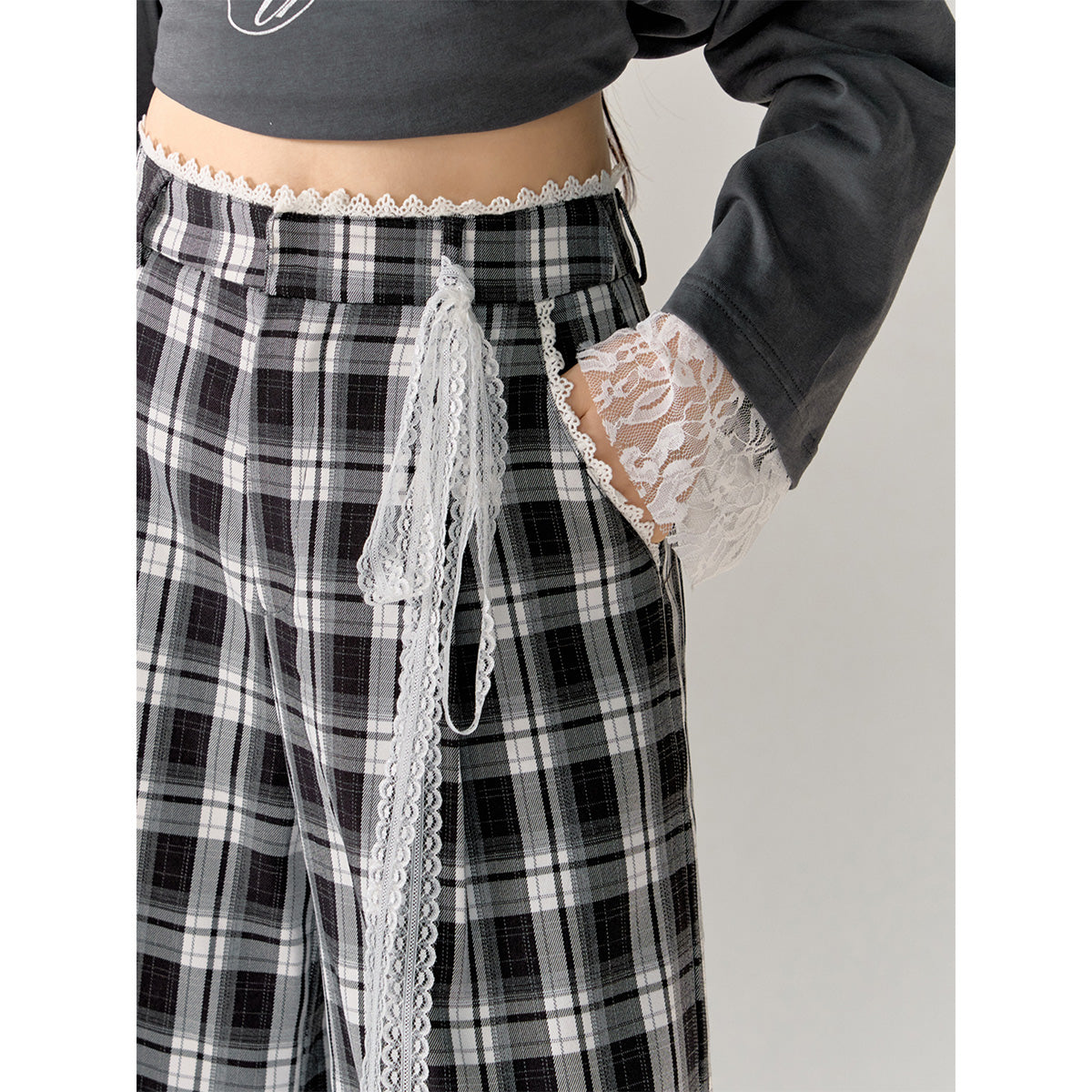 AsGony Lace Edge Plaid Casual Straight-Leg Pants Black