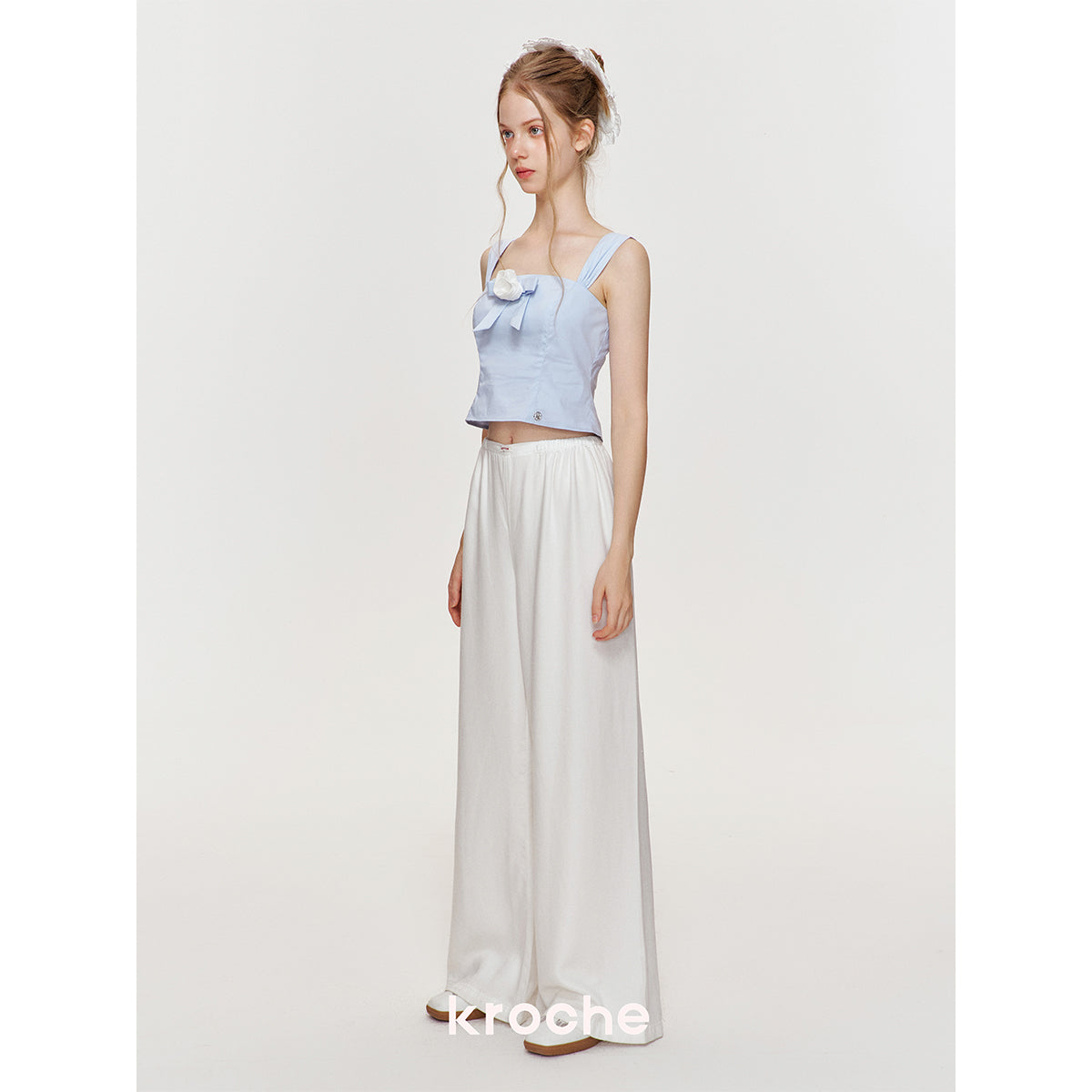 Kroche Silky Elastic-Waist Wide Leg Pants White