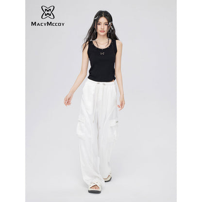 MacyMccoy Satin Draped Wide-Leg Cargo Pants White