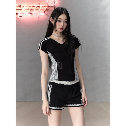 Via Pitti Lace Patchwork Rhinestone V-Neck Slim T-Shirt