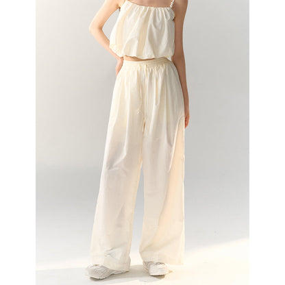 AsGony High Waist Drawstring Wide Leg Pants Beige