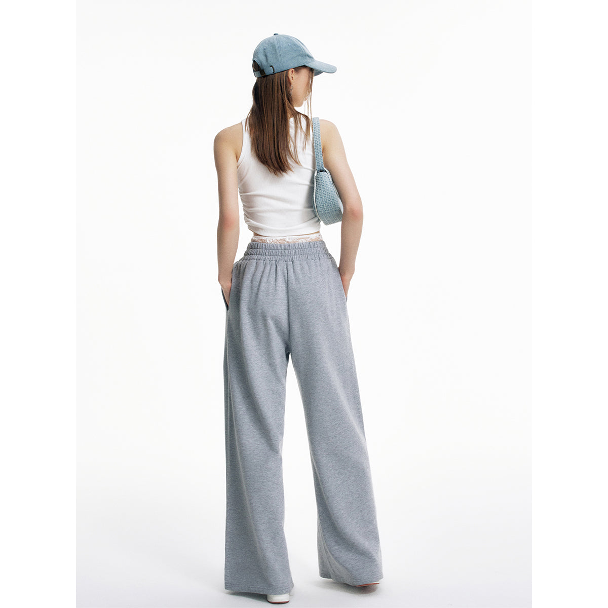 Liilou Lace Waistband Wide-Leg Casual Sweat Pants Grey