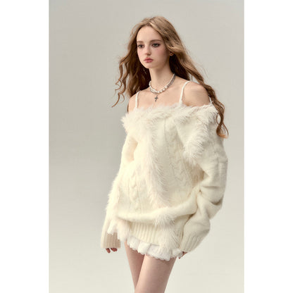 Via Pitti Off Shoulder Fur Integrated Knit Sweater White