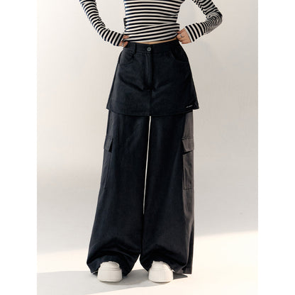 AsGony Fake-2-Piece Wide-Leg Casual Cargo Pants Navy Blue