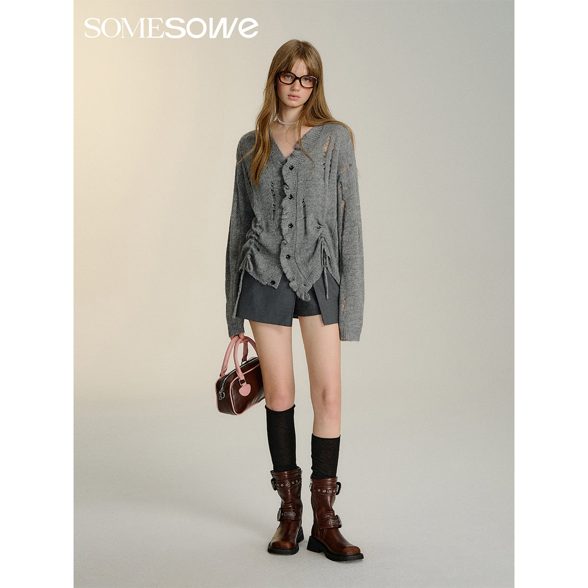 SomeSowe Destroyed Wrinkle Knit Cardigan Gray