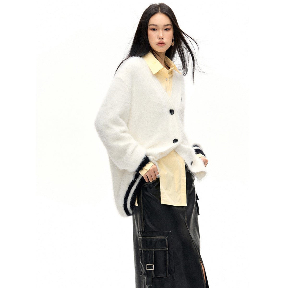 NotAwear Color Blocked Fluffy Faux Mink Cardigan White