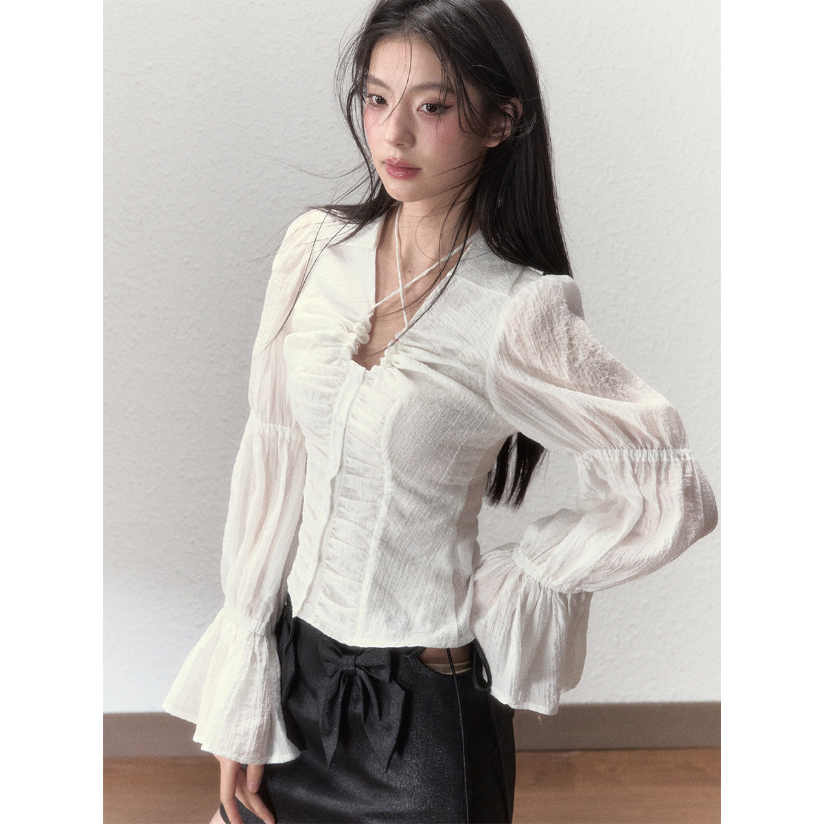 Via Pitti Thin Puff Sleeve Drawstring Shirt White