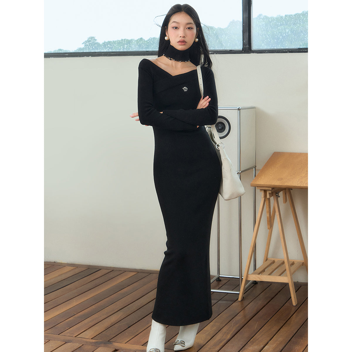 NotAwear Logo Embroidery Woolen Knit Off-Shoulder Dress