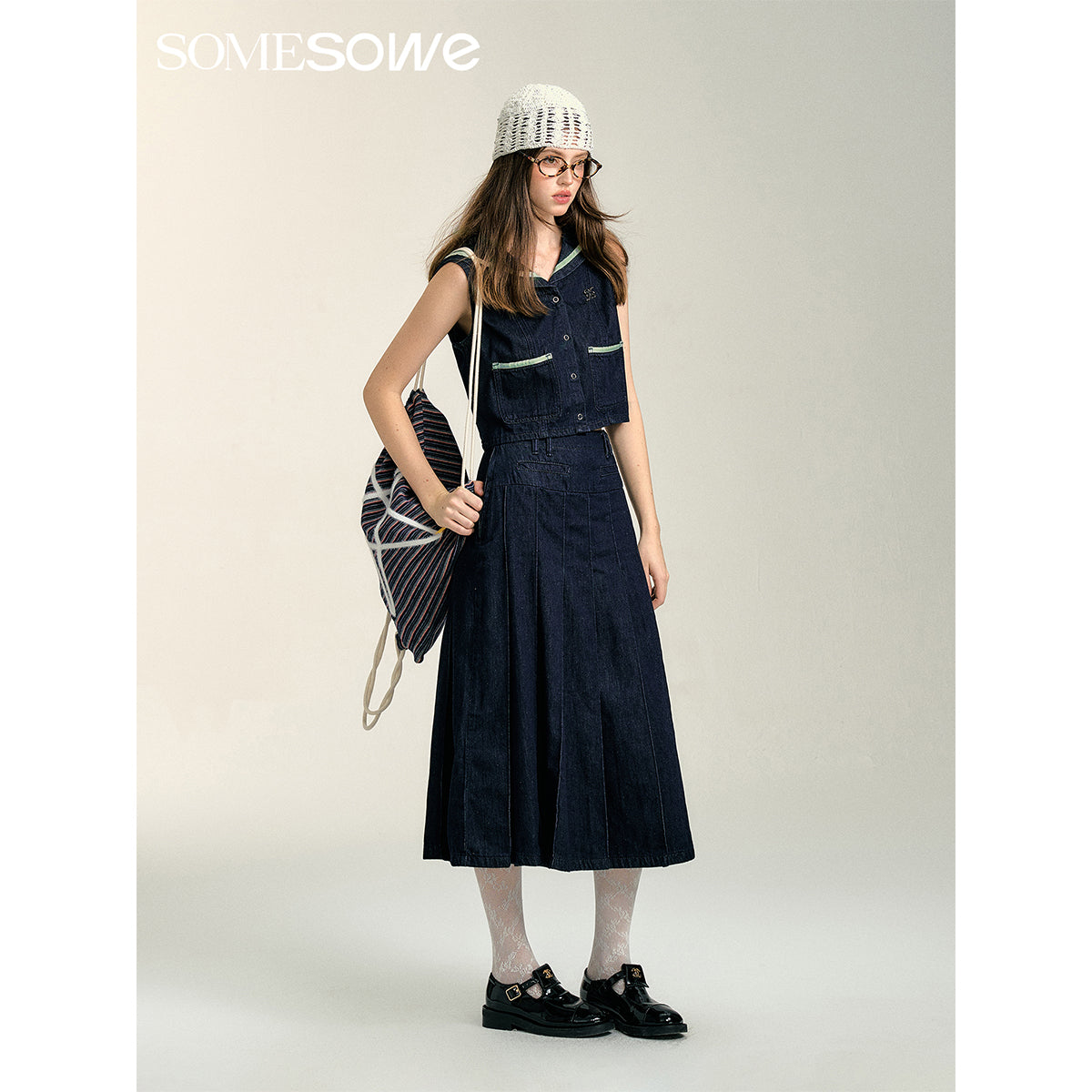 SomeSowe Pleated Denim Long Skirt Navy Blue