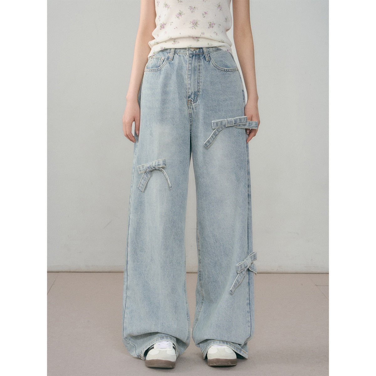 AsGony Retro Washed Distressed Loose Jeans Light Blue