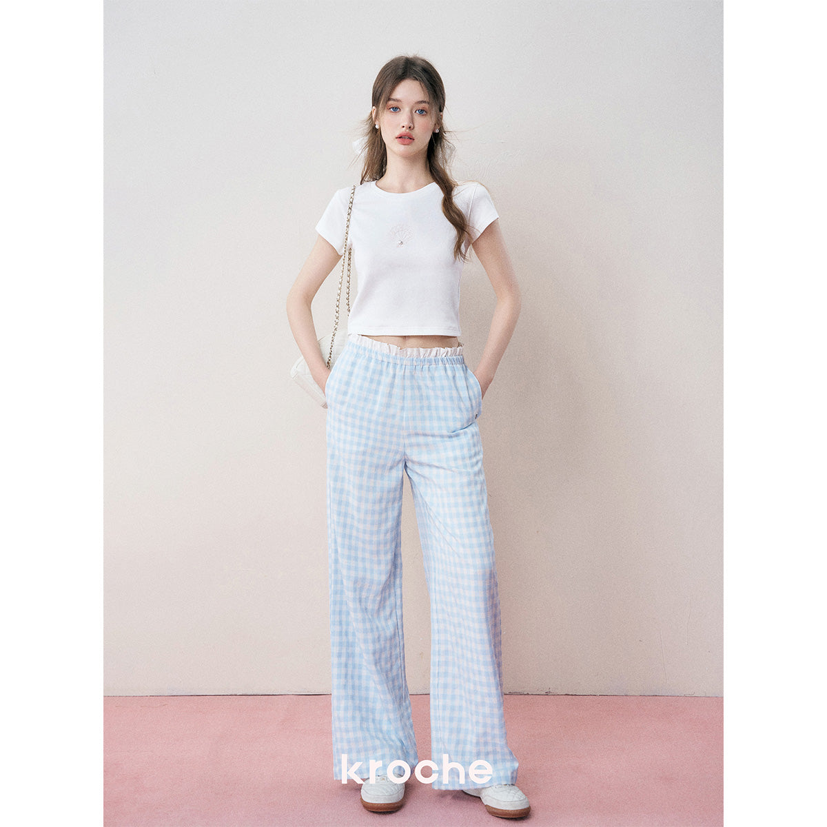 Kroche Color Blocked Lace Waist Plaid Pants