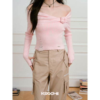 Kroche 3D Rose Off-Shoulder Knitted Top Pink