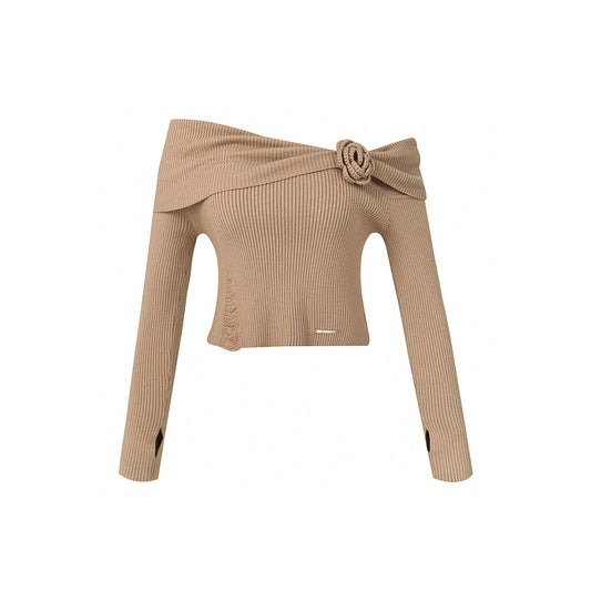 Kroche 3D Rose Off-Shoulder Knitted Top Khaki