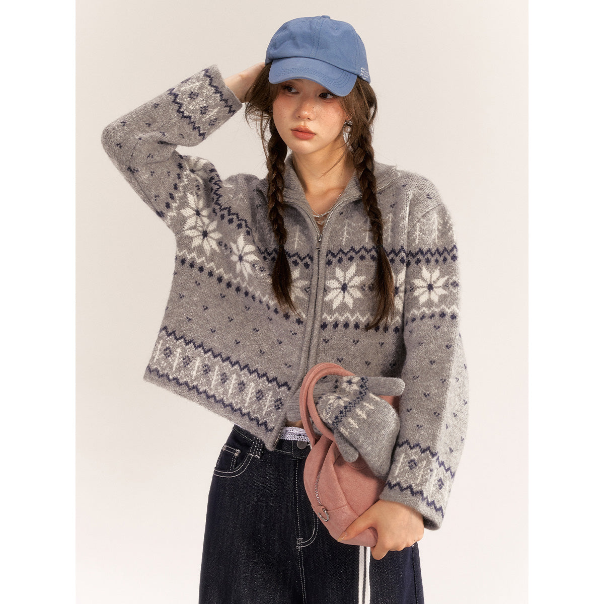 AsGony Fair Isle Retro Woolen Short Cardigan