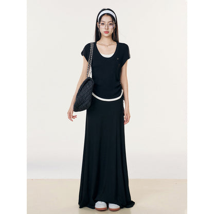 Liilou Draped High Waist A-Line Casual Long Skirt