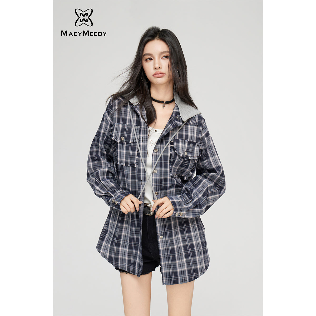 MacyMccoy Detachable Hooded Checkered Shirt