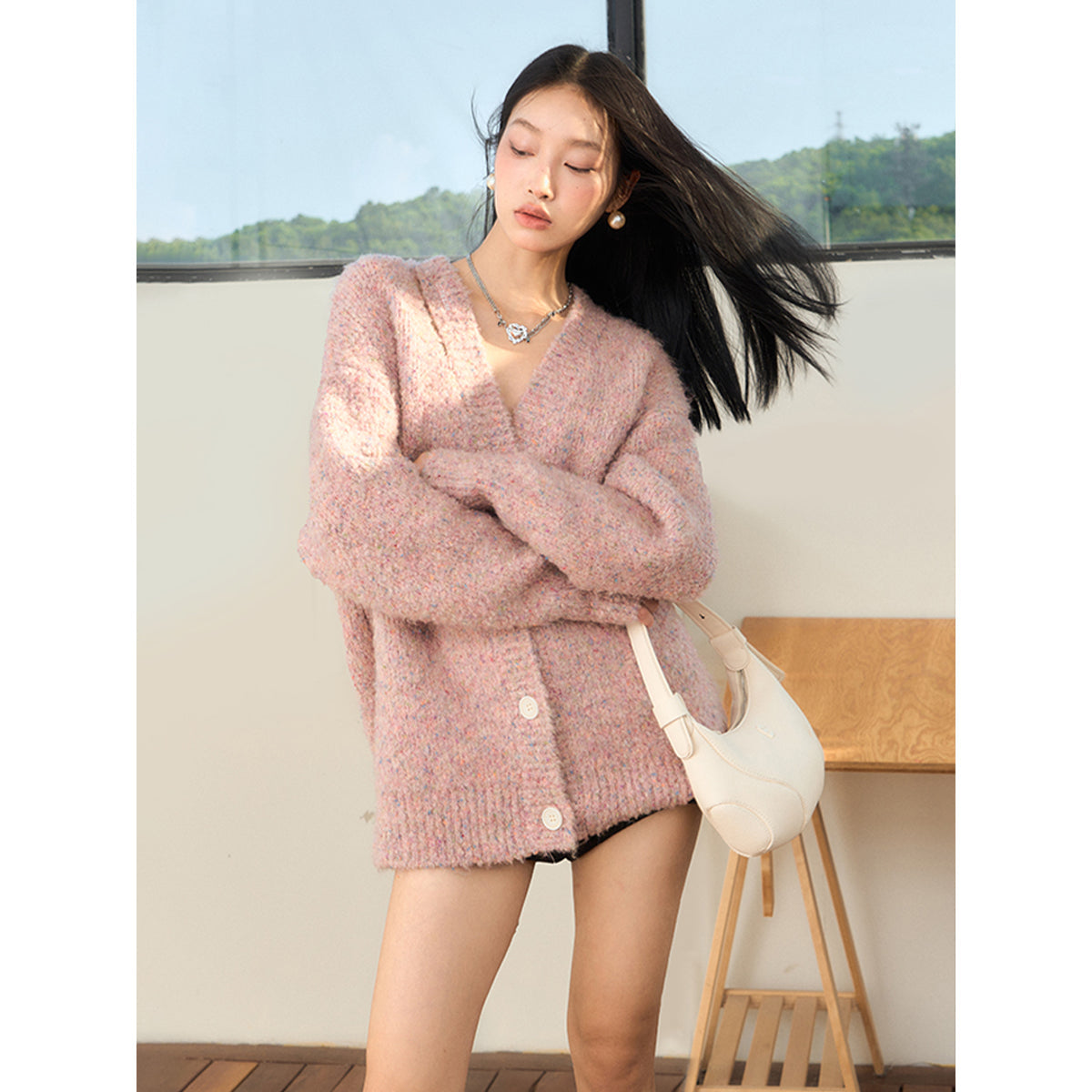 NotAwear Woolen Hollow Cutting Cardigan Pink