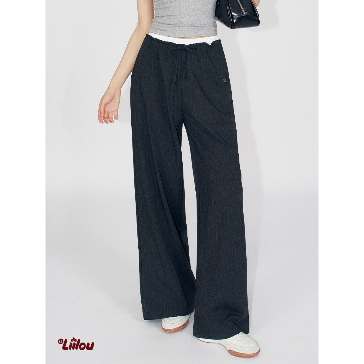 Liilou Waistband Pendant Striped Suit Pants Black