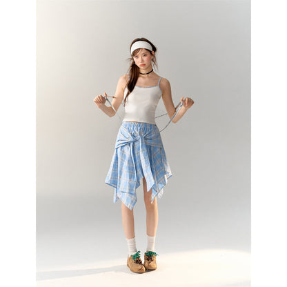 AsGony Irregular Bow Tie Plaid Skirt Blue