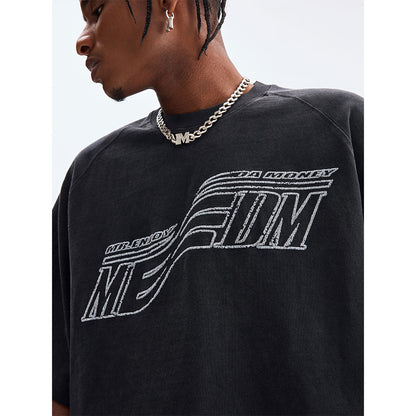 MEDM Embroidered Frayed Letter Tee Washed Black