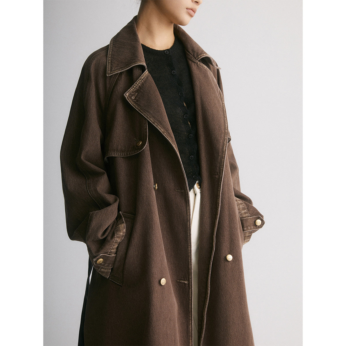 IFIK Color Blocked Long Denim Belt Coat Brown