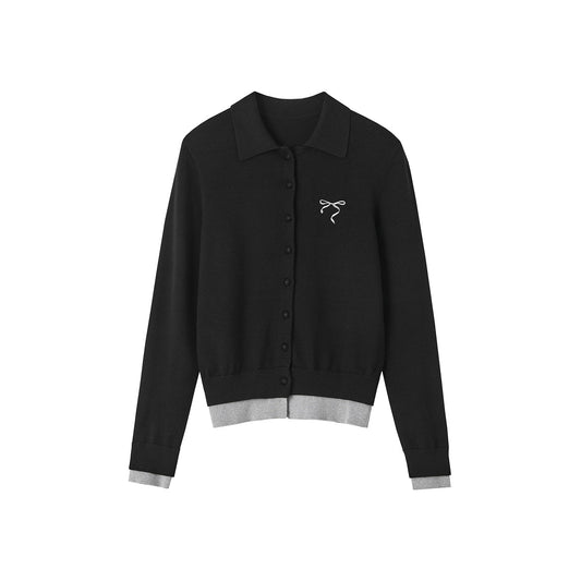 SomeSowe Fake-2-Piece Bow Knit Polo Cardigan Black