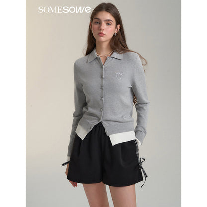 SomeSowe Fake-2-Piece Bow Knit Polo Cardigan Gray